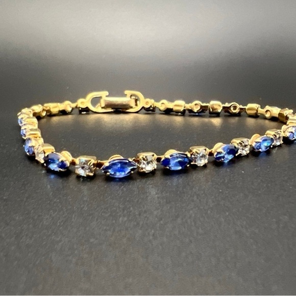 Vintage Gold Plated Tennis Bracelet – Blue & Clear Rhinestones, 7.5” - Picture 9 of 14
